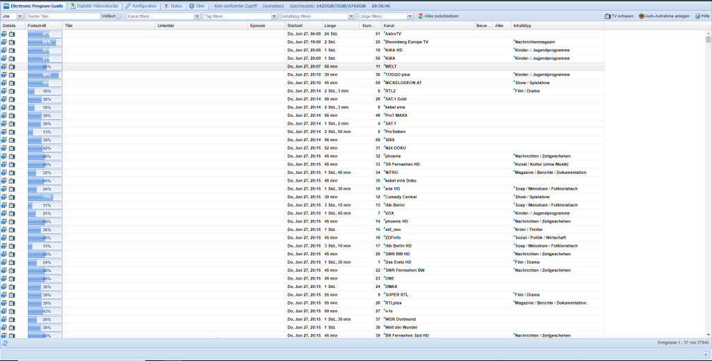 TVHeadend EPG in der Weboberfläche auf dem PC
