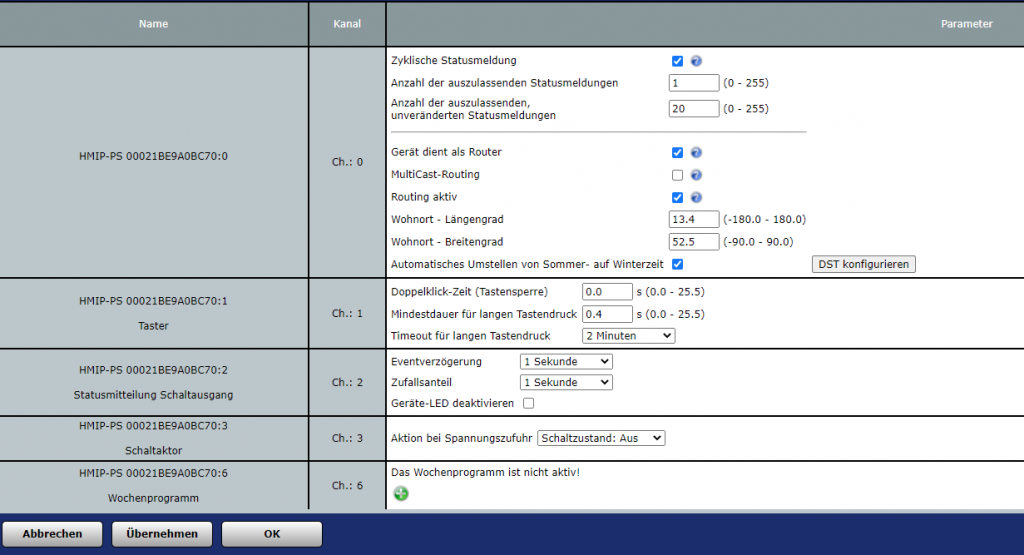 Einstellungen der Homematic IP Steckdose