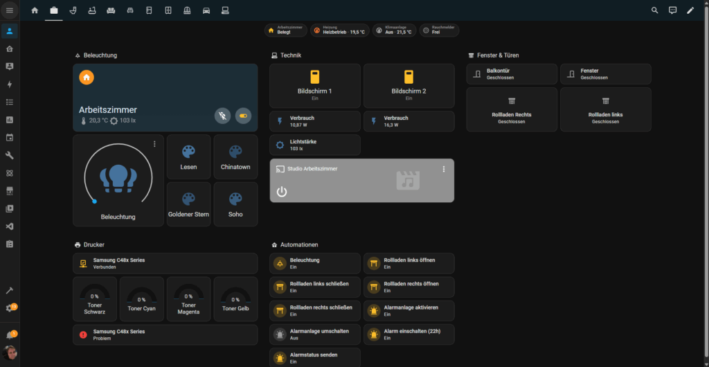 Home Assistant Dashboard für mein Arbeitszimmer - stellt Steuerungsmöglichkeiten und Informationen zur Verfügung