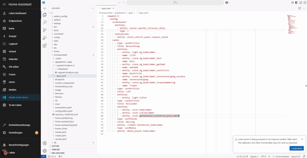Das Addon Studio Code Server für Home Assistant. Es zeigt die apps.yaml Datei als Beispiel