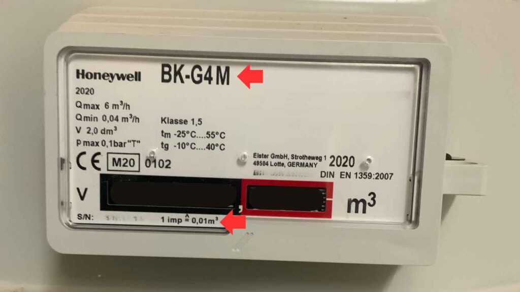 Gaszähler vom Typ BK-G4M mit Angabe des Typs sowie der Impulswertigkeit