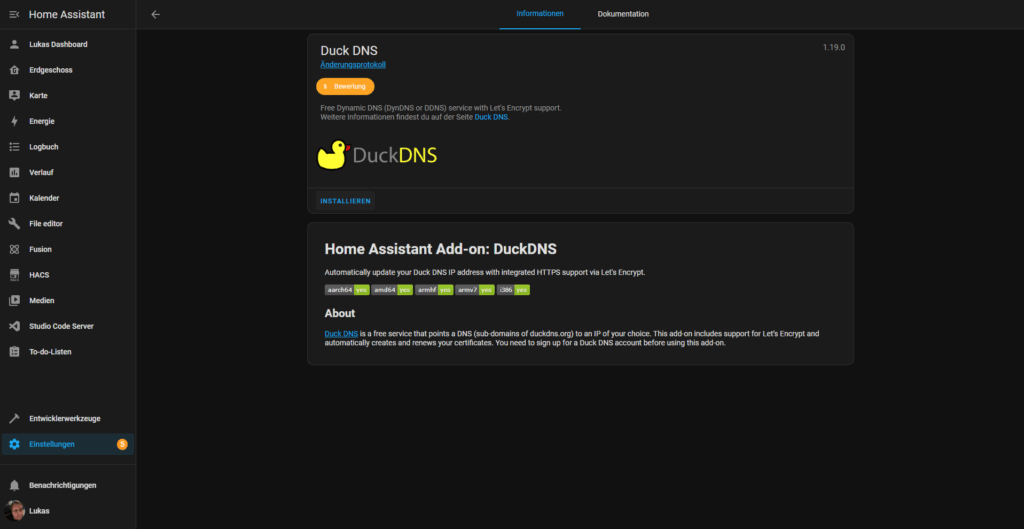 Detailseite und Installation eines bestimmten Addons unter Home Assistant