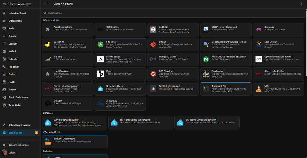Addon Store von Home Assistant mit einer Auswahl der verfügbaren und installierbaren Addons