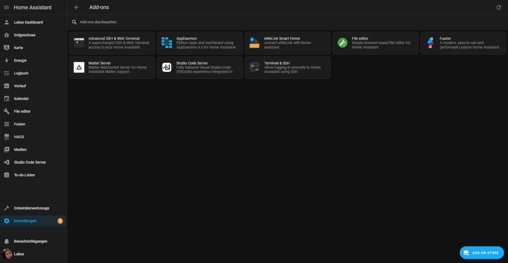 Startseite der Addons in den Einstellungen von Home Assistant. Zu sehen sind alle installierte Addons sowie eine Verknüpfung zum Store.