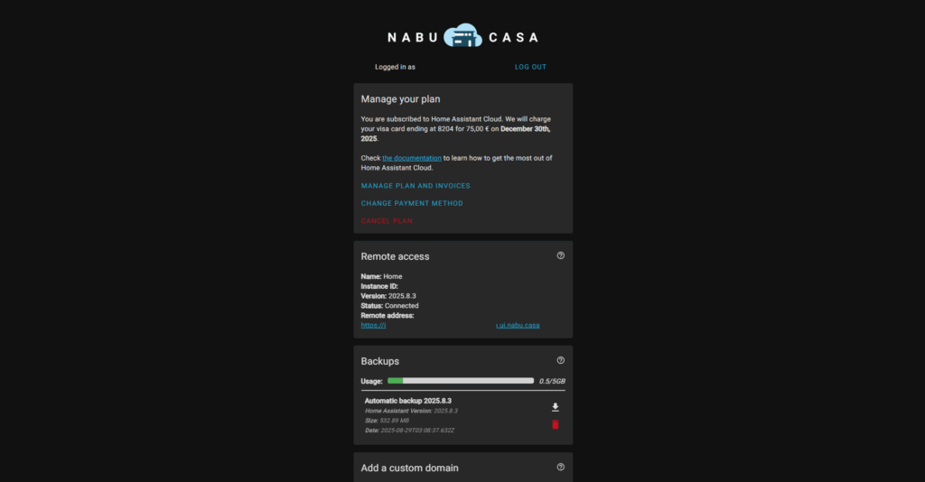 Dashboard der Nabu Casa Cloud für Home Assistant