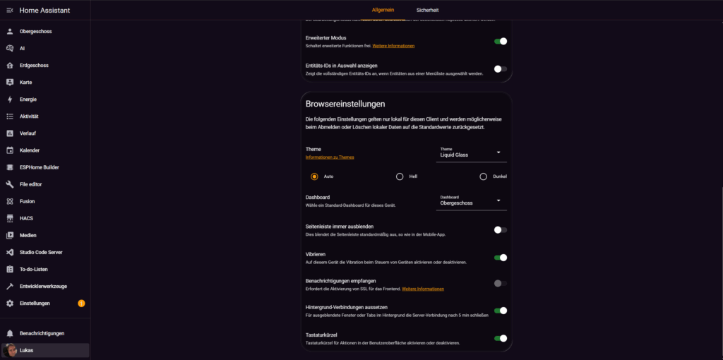 Home Assistant Theme aktivieren im Benutzerprofil
