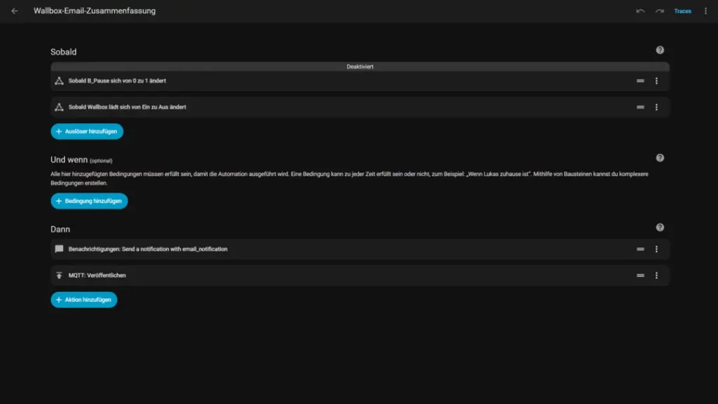 Einstellungen für eine Webanwendung mit Optionen zur Automatisierung von E-Mail-Benachrichtigungen, einschließlich der Möglichkeit, eine Bedingung für die Nachrichtenauslösung festzulegen und zusätzliche Benachrichtigungen zu senden, alles in einem dunklen Design mit klaren Textfeldern und Schaltflächen.