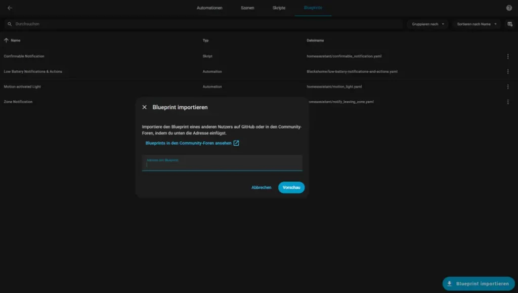 Screenshot der Benutzeroberfläche einer Software, die das Importieren von Blueprints aus der Community auf GitHub ermöglicht, mit einem Dialogfeld, das die Optionen zum Importieren und Versenden anzeigt.