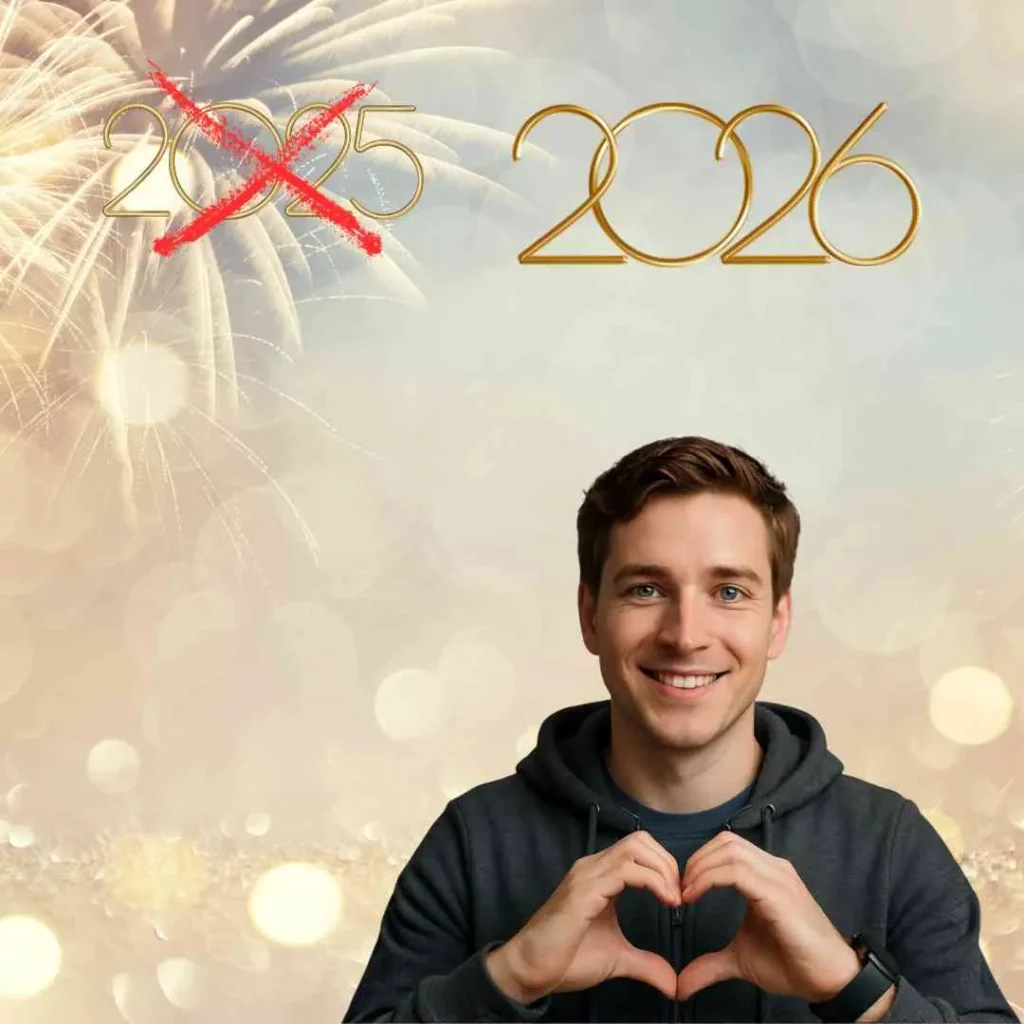 Junger Mann mit braunen Haaren in einem grauen Hoodie formt mit seinen Händen ein Herz, vor einem festlichen Hintergrund mit Feuerwerk und dem Jahreswechsel von 2025 zu 2026.