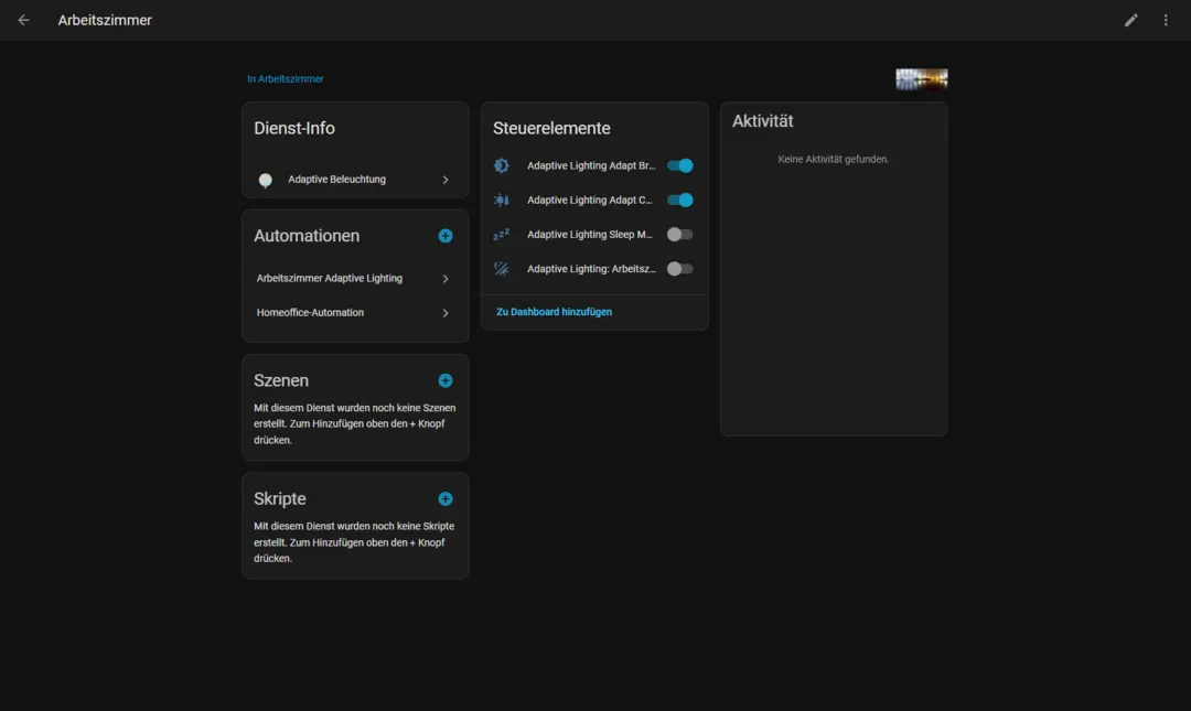 Screenshot einer Benutzeroberfläche für die Steuerung von Smart-Home-Geräten. Die Bereiche "Dienst-Info", "Automationen", "Steuerelemente" und "Aktivität" sind sichtbar, mit Schaltflächen zur Aktivierung von adaptiver Beleuchtung und Automatisierungen. Im Aktivitätsbereich steht, dass keine Aktivitäten gefunden wurden.
