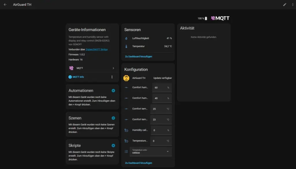 Dashboard der Applikation AirGuard TH, das aktuelle Geräteinformationen, Sensordaten zu Luftfeuchtigkeit und Temperatur, sowie Konfigurationseinstellungen und Automatisierungen anzeigt, mit Optionen zur Aktualisierung und Verwaltung von Szenen und Skripten.