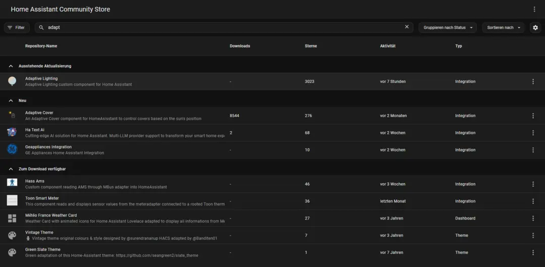 Screenshot der Home Assistant Community Store-Webseite, der verschiedene Integrationen zur Automatisierung und Anpassung von Smart-Home-Geräten anzeigt, einschließlich der Kategorien "Adaptive Lighting", "Koi Wifi" und "Google Assistant", mit Informationen zu Versionen und Download-Optionen.