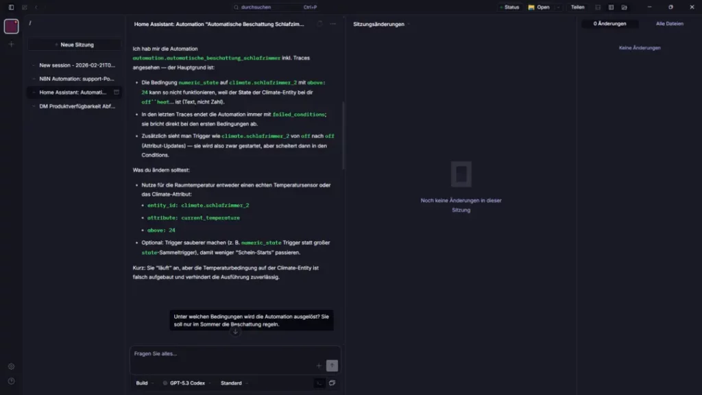 Screenshot einer Programmieroberfläche, die eine Automatisierungstask für die Verarbeitung von Daten zeigt. Auf der linken Seite befinden sich Codezeilen in grüner Schrift, die verschiedene Parameter und Anweisungen enthalten, während der rechte Bereich leer ist und die Möglichkeit zur Eingabe weiterer Befehle bietet. Der Hintergrund ist dunkel, was die Lesbarkeit des Codes erhöht. In der oberen rechten Ecke sind Navigationselemente sichtbar.