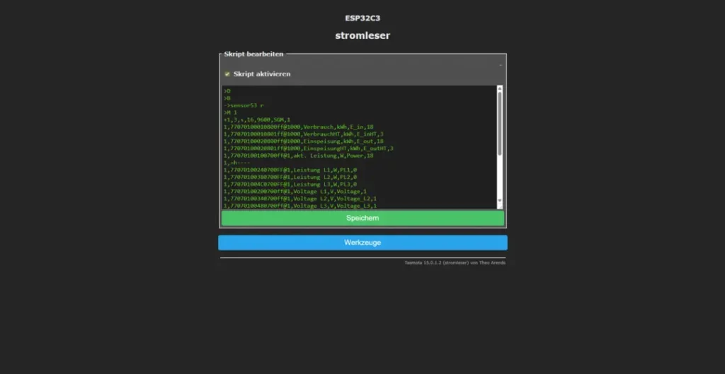 ALT-Text: Screenshot einer Softwareanwendung zur Datenvisualisierung für ESP32-C3, die eine Skriptbearbeitungsoberfläche zeigt, mit grünem Speichern-Button und schwarzem Hintergrund, auf dem Programmiercode zur Strommessung in einer textbasierten Darstellung sichtbar ist.