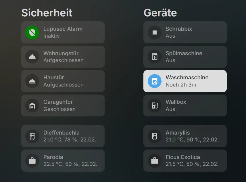 Einstellungen für eine Smart-Home-App, die die Sicherheitssysteme und angeschlossenen Geräte anzeigt, einschließlich eines deaktivierten Alarmstatus, einem geschlossenen Wohnungstür und angezeigt, dass die Waschmaschine noch 2 Stunden und 3 Minuten benötigt, zusammen mit Informationen zu mehreren Pflanzen und deren aktuellen Temperaturen und Luftfeuchtigkeit.