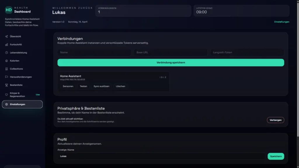 Das Bild zeigt ein Dashboard mit dem Titel "Willkommen zurück Lukas", das für die Verwaltung von Verbindungen zu Home Assistant dient. Es enthält Optionen zur Speicherung von Token, die für Synchronisationen verwendet werden. Im unteren Bereich sind Abschnitte für Privatsphäre, Bedingungen und Profilinformationen zu finden, einschließlich der Möglichkeit, persönliche Daten anzupassen und zu speichern.