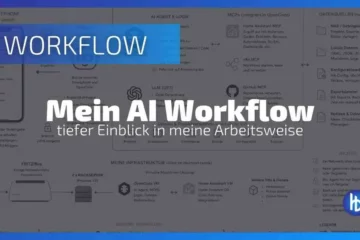 Workflow-Diagramm mit dem Titel "Mein AI Workflow - tiefer Einblick in meine Arbeitsweise", das verschiedene Schritte und Komponenten eines AI-Workflows darstellt, darunter Smartphones, KI-Agenten, Datenquellen und infrastrukturelle Aspekte, um den Einsatz von künstlicher Intelligenz im Arbeitsprozess zu veranschaulichen.