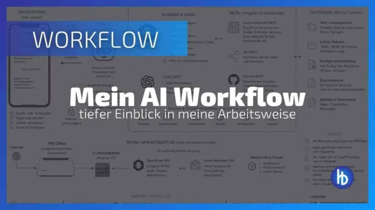 Workflow-Diagramm mit dem Titel "Mein AI Workflow - tiefer Einblick in meine Arbeitsweise", das verschiedene Schritte und Komponenten eines AI-Workflows darstellt, darunter Smartphones, KI-Agenten, Datenquellen und infrastrukturelle Aspekte, um den Einsatz von künstlicher Intelligenz im Arbeitsprozess zu veranschaulichen.