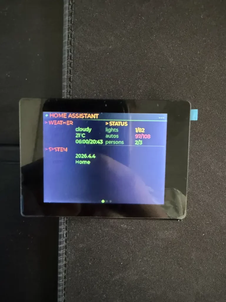 Interaktives Smart-Home-Display mit Informationen zum Wetter, einschließlich einer Temperatur von 21°C und dem Zustand von Lichtern und Autos, sowie der Anzahl der Personen im Raum, abgebildet auf einem dunklen Hintergrund.