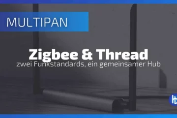 Multipan Darstellung eines gemeinsamen Hubs für die Funkstandards Zigbee und Thread, Hintergrund in neutralem Farbton.