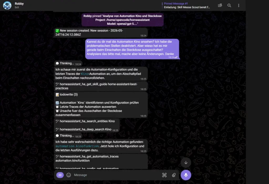Screenshot eines Online-Chats, in dem ein Benutzer Informationen zur Automatisierung von Kinos und deren Konfiguration anfragt. Der Chat zeigt eine Übersicht über verschiedene Optionen und Anleitungen zur Überprüfung und Anpassung der Automatisierungseinstellungen sowie Verweise auf spezifische Ressourcen und Hilfestellungen.
