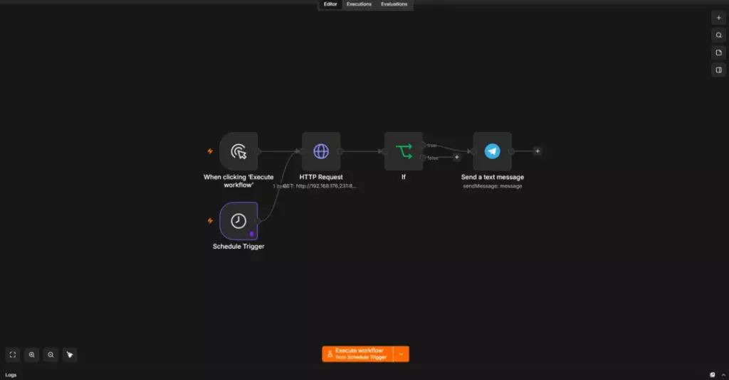 Diagramm eines automatisierten Workflows mit verschiedenen Aufgaben: Ein Trigger zur Ausführung wird durch einen HTTP-Anruf aktiviert, gefolgt von einer Bedingung, die in eine Aktion mündet, um eine Textnachricht zu senden. Die Benutzeroberfläche ist dunkel gestaltet, mit Symbolen für Trigger, HTTP-Request und Nachrichtensendung. Am unteren Rand befindet sich ein orangefarbener Button zum Ausführen des Workflows.