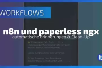 Bildschirmaufnahme eines digitalen Workflows, der die Integration von n8n und Paperless NGX zeigt, mit dem Fokus auf automatische Erinnerungen und eine Dokumentenbereinigung. Die grafische Benutzeroberfläche hebt die Aufforderung zur Rückmeldung hervor und bietet eine Übersicht über das Dokumentenmanagement im Paperless-System.