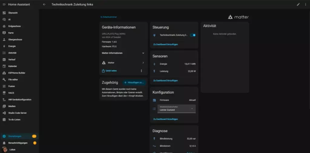 Screenshot der Benutzeroberfläche von Home Assistant, der die technischen Einstellungen für Matter anzeigt. Der Linke Abschnitt beinhaltet Informationen zum Gerät, wie die GPU und Firmware-Version. Die Steuerung zeigt die technischen Daten des Matter-Protokolls sowie Zugangsmöglichkeiten zu Sensoren und Konfigurationseinstellungen. Der rechte Abschnitt präsentiert die Aktivität und Diagnoseoptionen, die Diagnosetools und deren Status auflisten.
