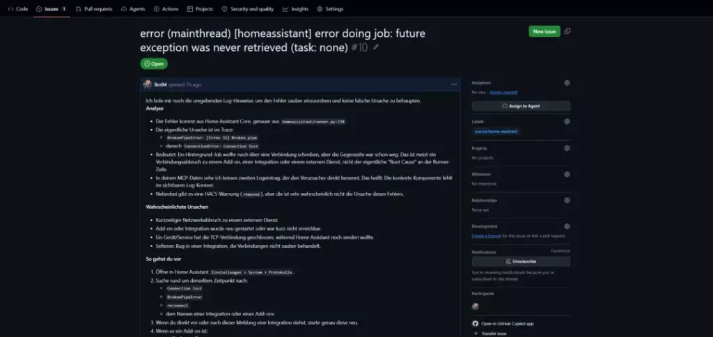 Fehlerprotokoll mit der Überschrift "error (mainthread) [homeassistant] error doing job: future exception was never retrieved" auf einer Benutzeroberfläche, die eine Problemanalyse und Beschreibung verschiedener Fehlerquellen enthält, einschließlich möglicher Ursachen und Lösungsvorschläge für technische Probleme im Zusammenhang mit Home Assistant.