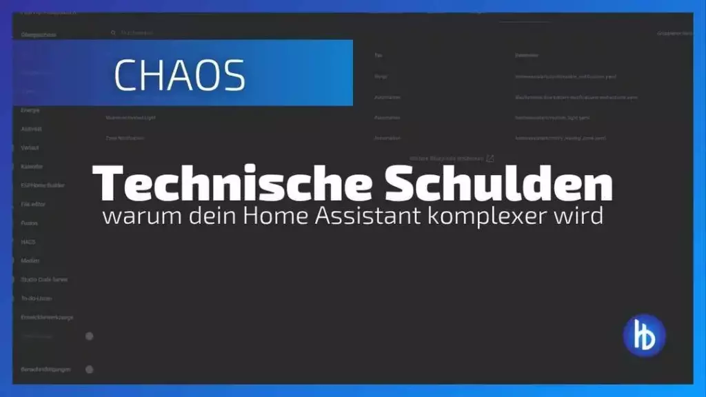 Grafik mit dem Titel "CHAOS" und dem Untertitel "Technische Schulden - warum dein Home Assistant komplexer wird", präsentiert in einer modernen Schriftart auf einem dunklen Hintergrund, der einen technologischen Kontext vermittelt.