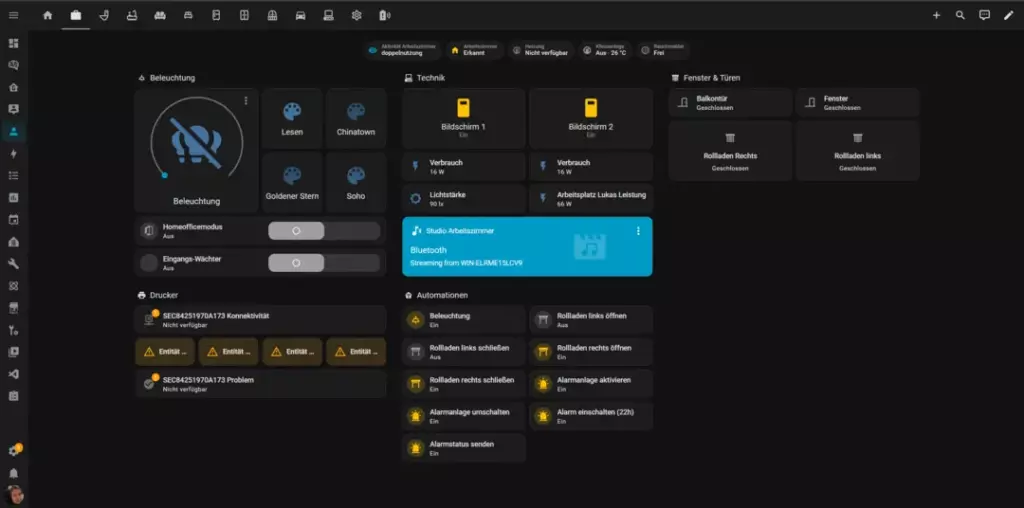 Screenshot einer Benutzeroberfläche mit verschiedenen Steuerungselementen für Belechtung und Technik, einschließlich Schaltflächen für Leseszenarien, automatisierte Aktionen und Bluetooth-Streaming, sowie Bereichen für Benachrichtigungen und Automatisierungen. Die Oberfläche ist dunkel gehalten und zeigt eine Reihe von Symbolen und Optionen zur Verwaltung von Geräten und Einstellungen.