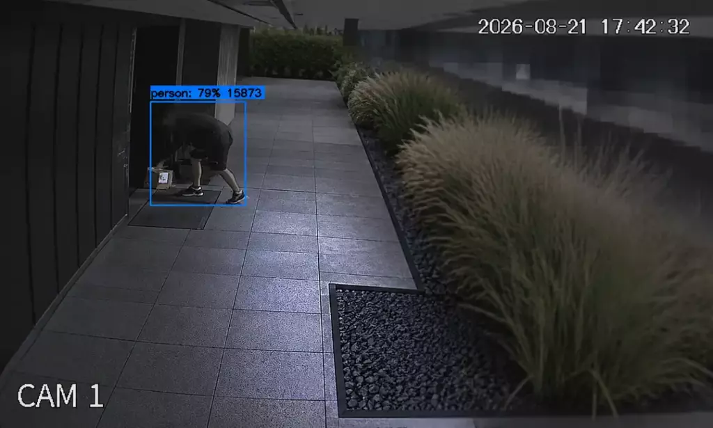 Person in sportlicher Kleidung beugt sich auf einem modernen, gepflasterten Gehweg, um einen Karton zu inspizieren, während hohe Grasbüschel und eine Wand aus Glas und Beton im Hintergrund sichtbar sind; aufgenommen von einer Überwachungskamera.