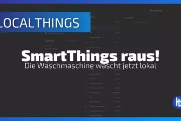 Alt-Text: Ein Bildschirm zeigt die Benutzeroberfläche von SmartThings mit dem Hinweis "SmartThings raus! Die Waschmaschine wäscht jetzt lokal" in großer, fettgedruckter Schrift. Im Hintergrund ist ein dunkles Design zu sehen, das auf eine App oder Softwareanwendung hinweist, die lokale Steuerungsmöglichkeiten für Haushaltsgeräte anbietet.