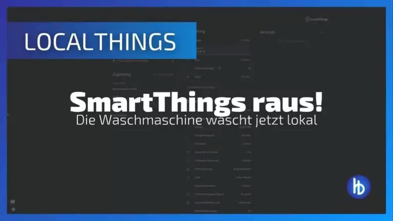 Alt-Text: Ein Bildschirm zeigt die Benutzeroberfläche von SmartThings mit dem Hinweis "SmartThings raus! Die Waschmaschine wäscht jetzt lokal" in großer, fettgedruckter Schrift. Im Hintergrund ist ein dunkles Design zu sehen, das auf eine App oder Softwareanwendung hinweist, die lokale Steuerungsmöglichkeiten für Haushaltsgeräte anbietet.