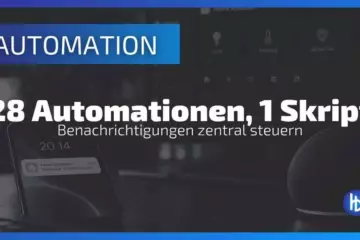 Automation mit dem Titel "28 Automationen, 1 Skript", zeigt eine digitale Schnittstelle zur zentralen Steuerung von Benachrichtigungen, mit einem Smartphone und einem Smart Speaker im Vordergrund, untermalt von einer stilvollen, modernen Grafik.