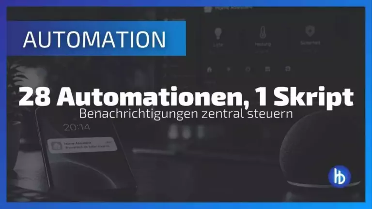 Automation mit dem Titel "28 Automationen, 1 Skript", zeigt eine digitale Schnittstelle zur zentralen Steuerung von Benachrichtigungen, mit einem Smartphone und einem Smart Speaker im Vordergrund, untermalt von einer stilvollen, modernen Grafik.