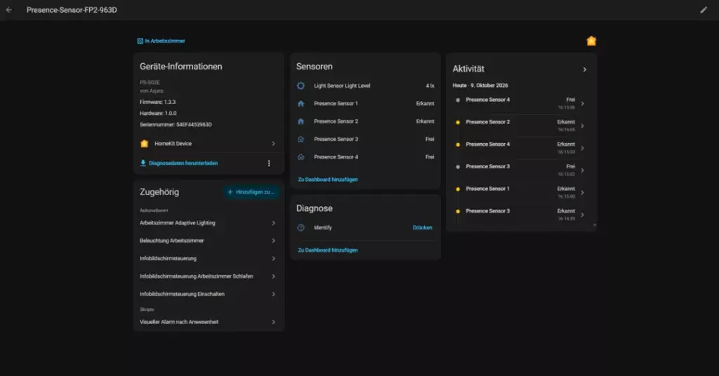 Screenshot einer Benutzeroberfläche für das Management eines Präsenzsensors, die Informationen zu Geräten, Sensoren und Aktivitäten anzeigt, einschließlich Details wie Firmwareversion, Sensorniveaus, Diagnosen und der Zugang zu Dashboard-Visualisierungen in einem modernen, strukturierten Layout.